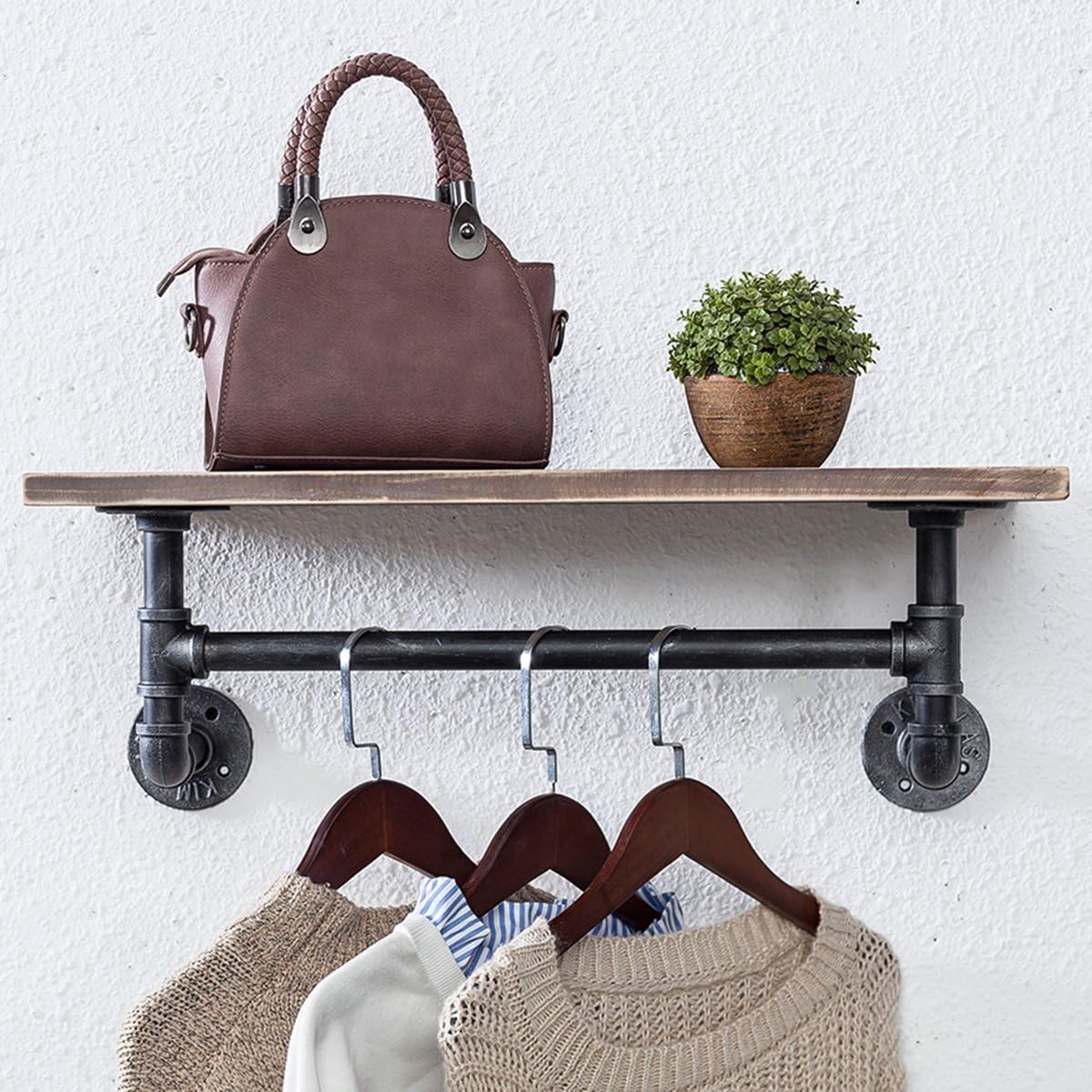 MBQQ 1 Tier Shelving Bathroom Pipe Shelves with Towel Bar Over Toilet, 24 inch Pine Wood Floating Shelves for Wall Mounted Bedroom,Kitchen, Farmhouse, Living Room