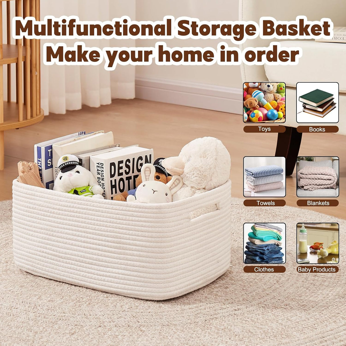 OIAHOMY Storage Basket for Shelves, Closet Cube Storage Bins Baskets for Clothes Blanket Towels, Baby Nursery, Toy Baskets Box, Woven Rope Basket, 15.75 * 11.81 * 7.09 IN, 2 Packs White