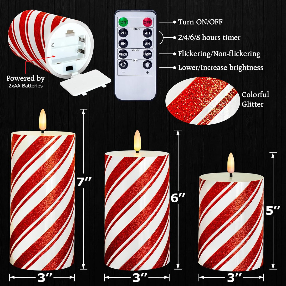 Red Stripe Glitter LED Pillar Candles, Battery Operated Real Wax Flameless Candles for Christmas Holiday Home Party Decor, Set of 3 (D3 x H4 5" 6")