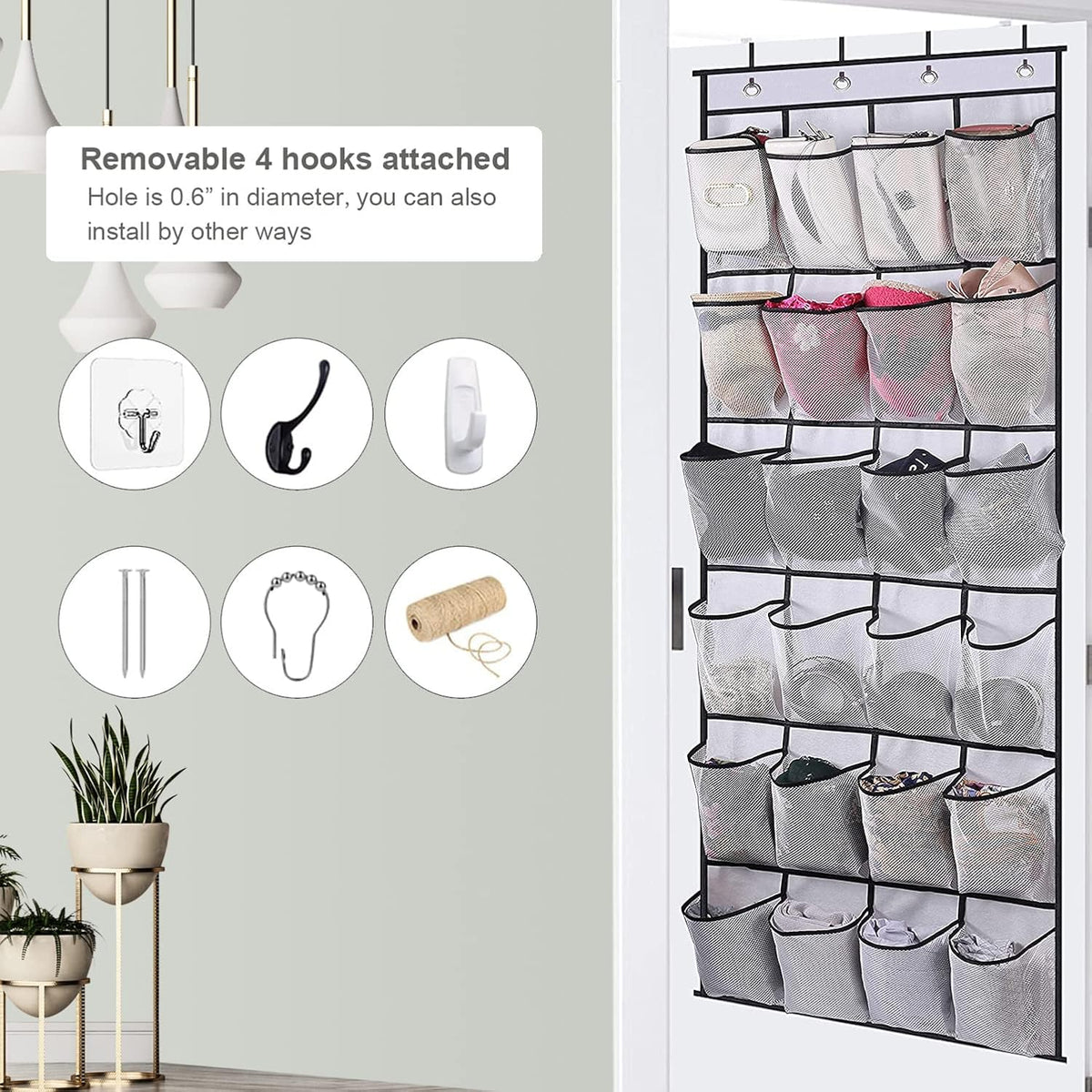 Over the Door Hanging Shoe Organizer with 24 Large Mesh Pockets - Shoes Holder/White