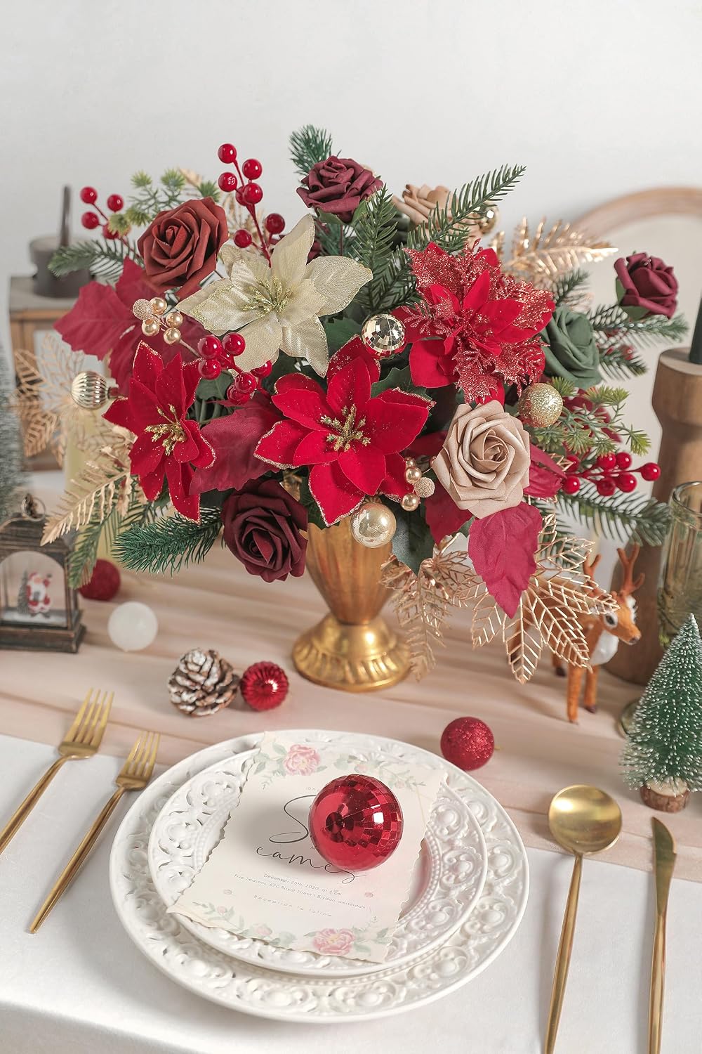 rongflower Christmas Flowers Artificial,Red Poinsettias Artificial Christmas Flowers and Greenery Deluxe Combo Set for DIY Tree Ornaments Xmas Wreath Floral Arrangements Centerpieces