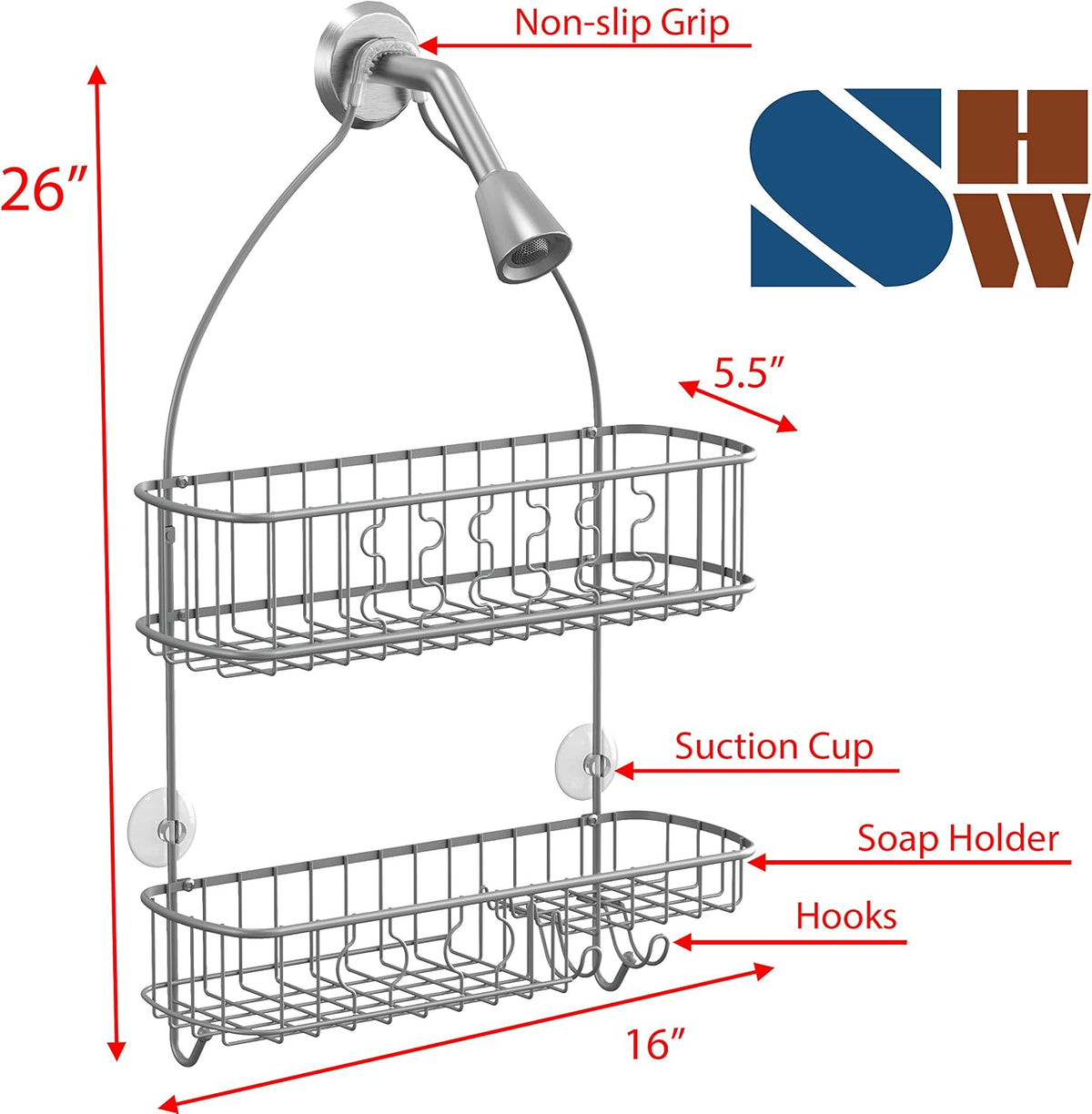 Simple Houseware Bathroom Hanging Shower Head Caddy Organizer, Silver