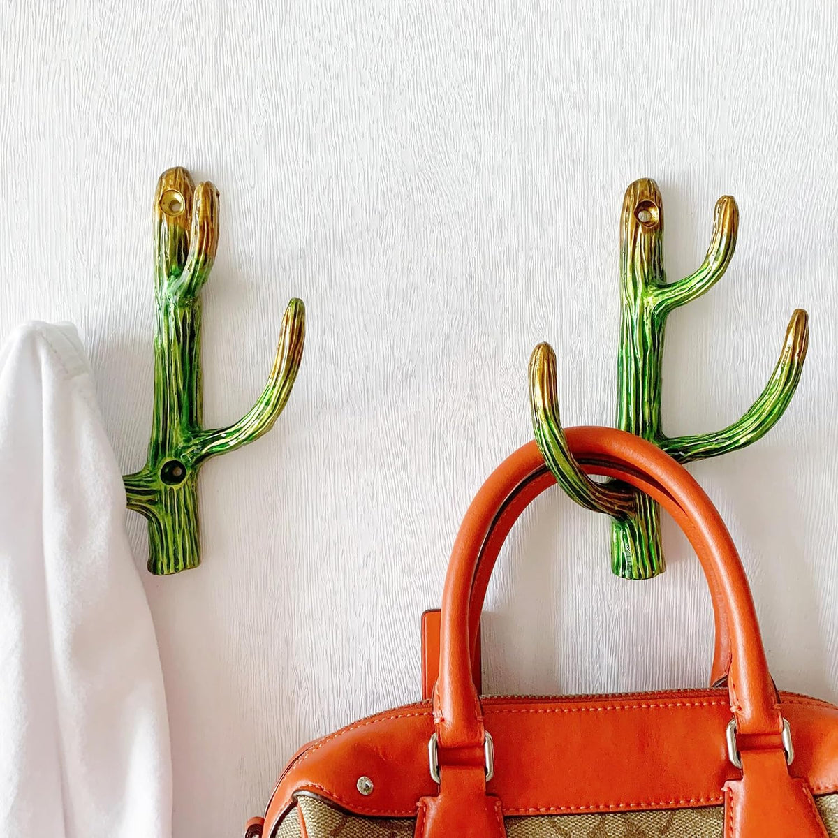 Vintage Cactus-Shaped Decorative Wall Hooks Rack Hangers for Hanging Clothes Coats Towels Keys Hats, 2 Pack Antique Metal Mounted Wall Hook