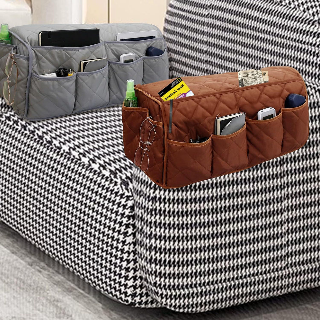 MEHIDFY Armchair Caddy, Waterproof Sofa Armrest Organizer, Non Slip Recliner Organizer, Remote Holder for Recline, Recliner Caddy with 14 Pockets Storage for TV Remote, Phone, Magazine(brownish+grey)