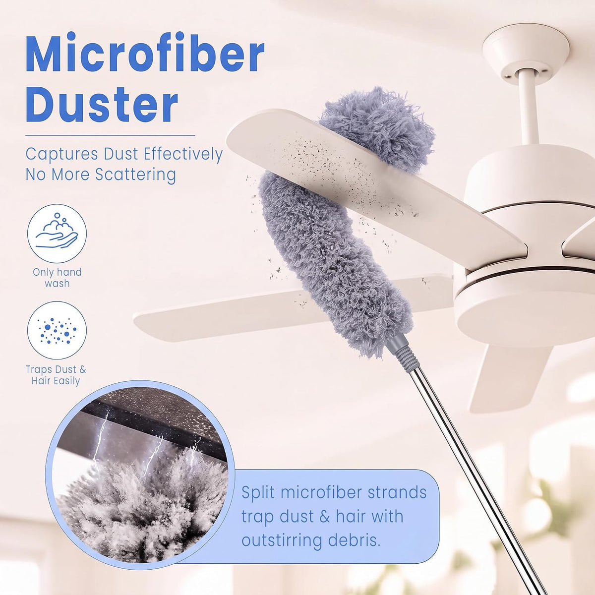 8FT Cobweb Duster, Ceiling Fan, Extension Pole, 2 Brush Heads