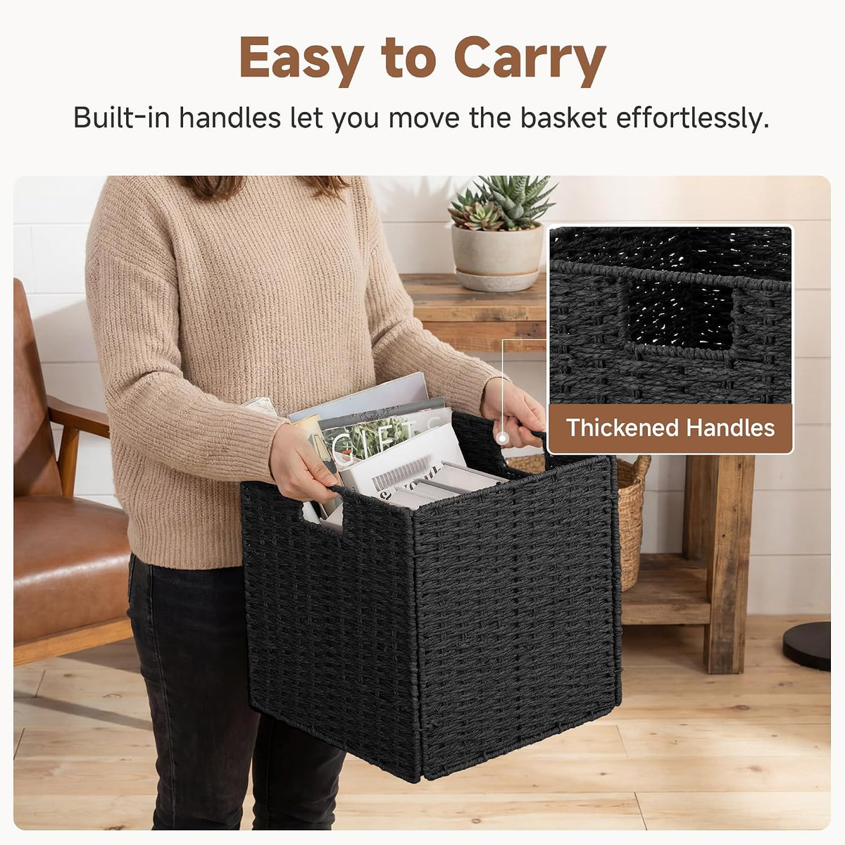 StorageWorks 13 inch Black Wicker Basket for Storage, Foldable Black Basket