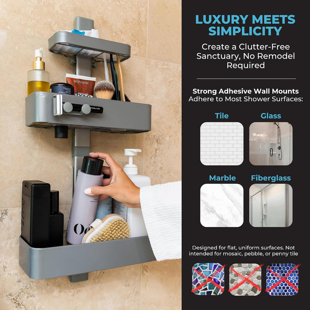 ShowerSMART Shower Caddy, Adjustable Shelves, Magnetic Hooks, Graphite