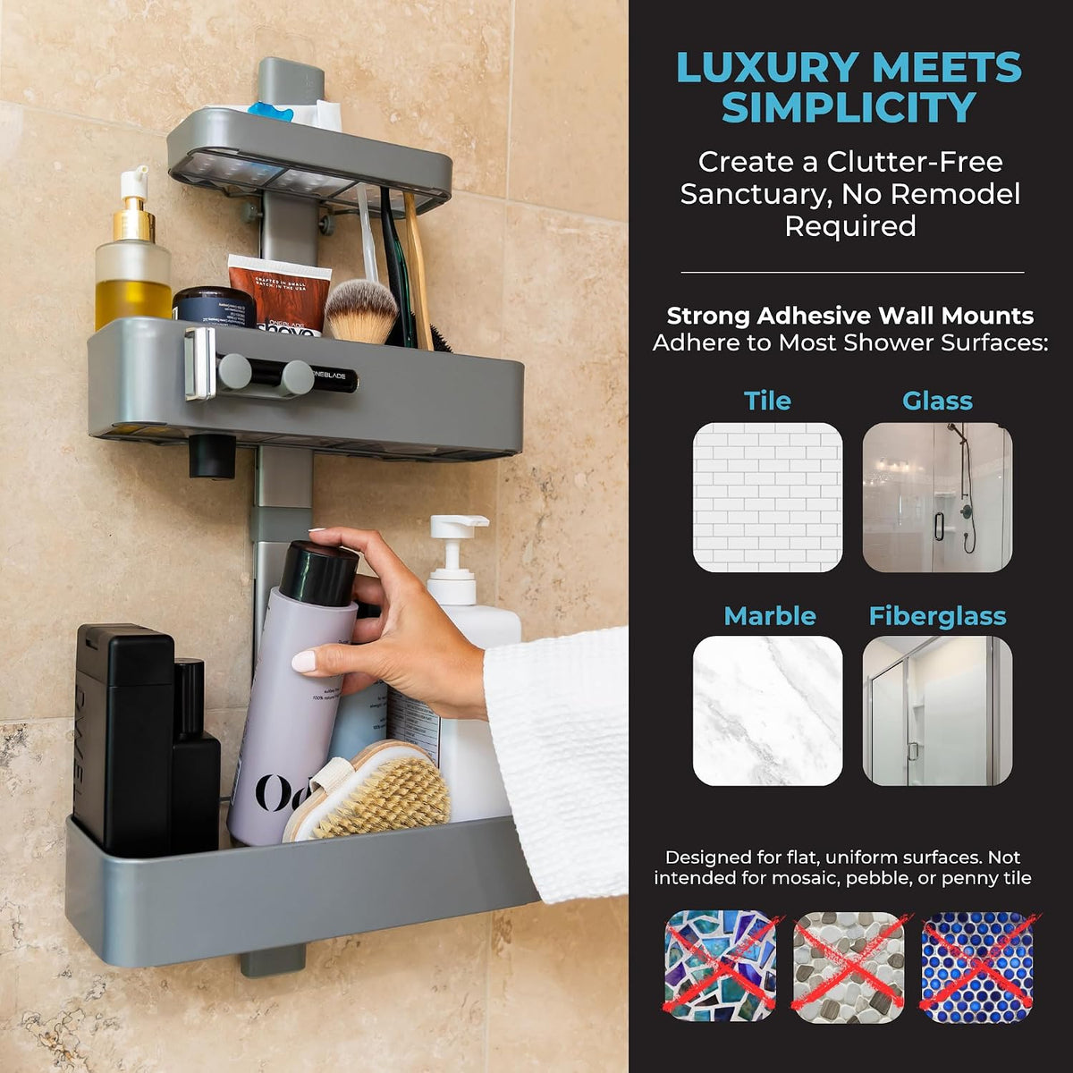 ShowerSMART Shower Caddy, Adjustable Shelves, Magnetic Hooks, Graphite