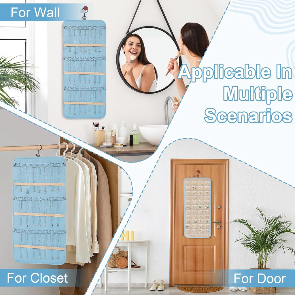 Dynoro Double-Sided Hanging Jewelry Organizer, Large Teal Storage Roll for Earrings, Necklaces, Rings, 48 Pockets 21 Hooks, Durable Oxford Fabric for Closet, Wall, Door, 1 piece, Jewelry Not Included