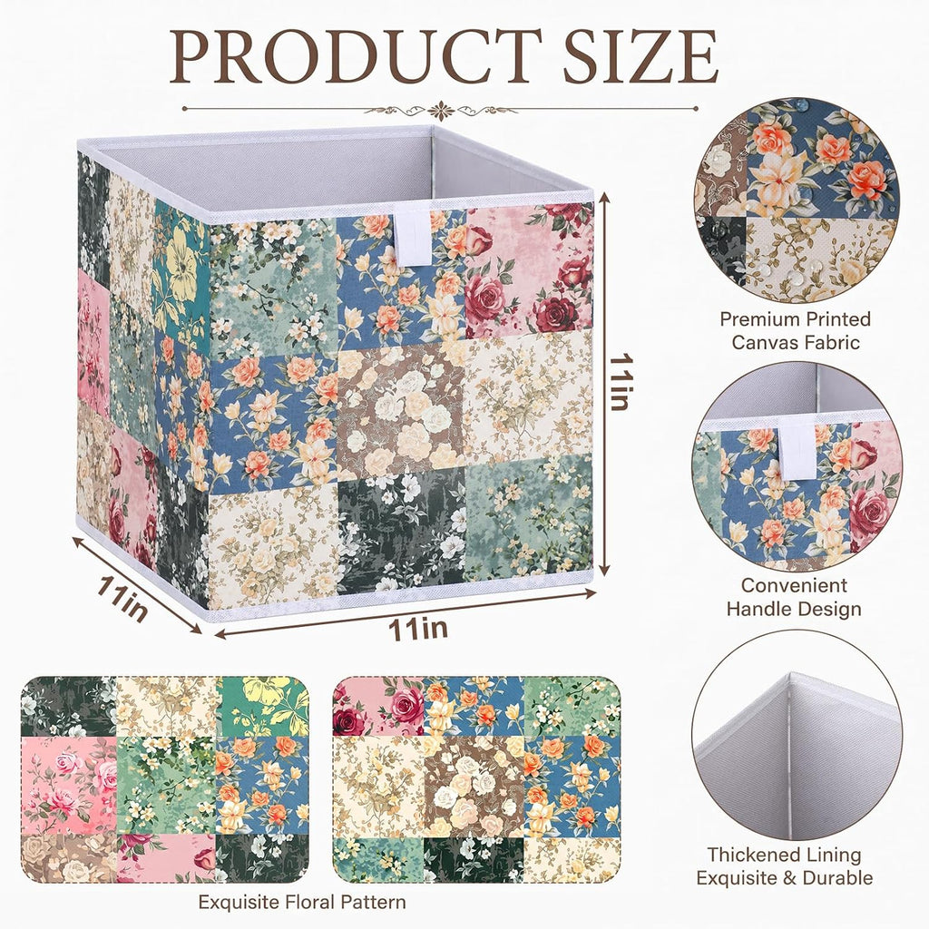 Yookeer 6 Pcs Green Floral Cube Storage Bin 11" Foldable Basket with Handle