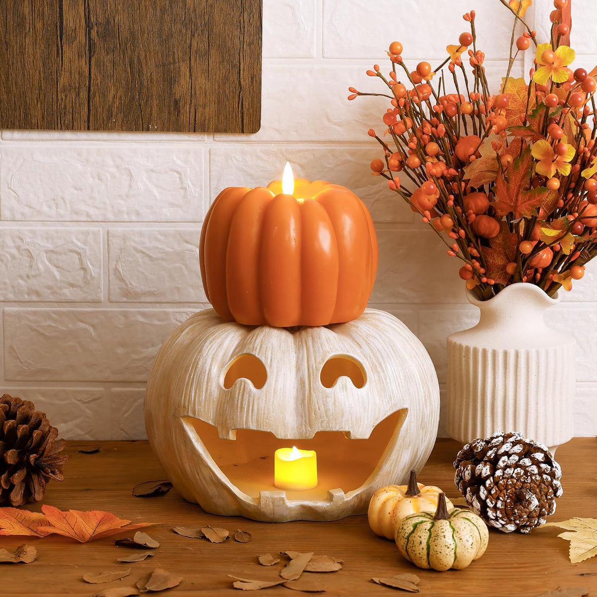 JOIONE Fall Flameless Orange Pumpkin Candle with Remote, Halloween Decor