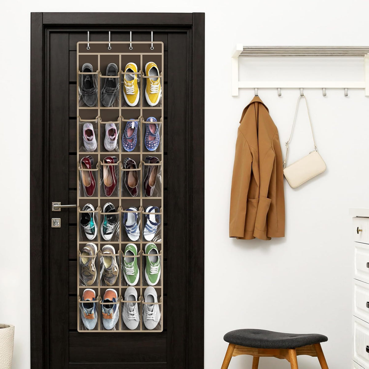Simple Houseware 24 Pockets Clear Over the Door Shoe Organizer, Brown