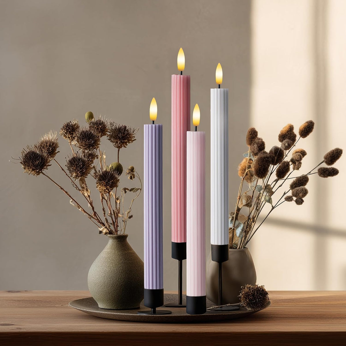 Coordinated Dusty Mauve Pinkish Lilac 4 Pack, 10" Real Wax LED Flameless Fluted Ribbed Grooved Taper Candles, Remote & Timer Memory, On/Off Button, Dimmable, Battery Operated, Menorah Wedding