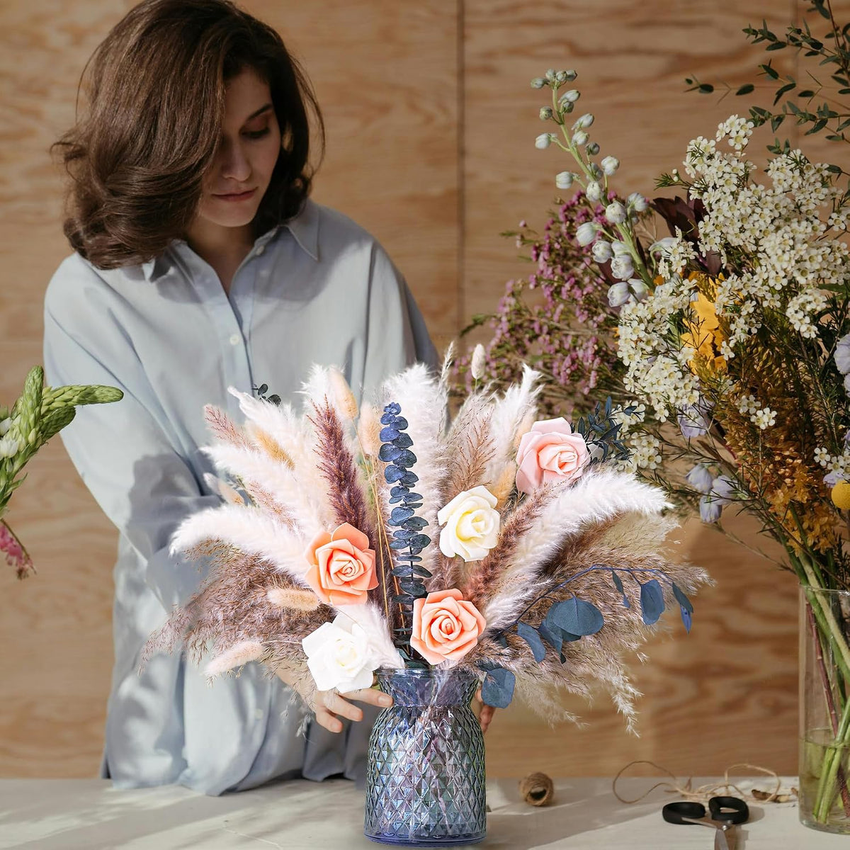 Dried Flower Bouquet | Pampas Grass Decor | Floral Arrangements for Home & Wedding | Boho, Rustic, and Modern Decorations (Without vase)