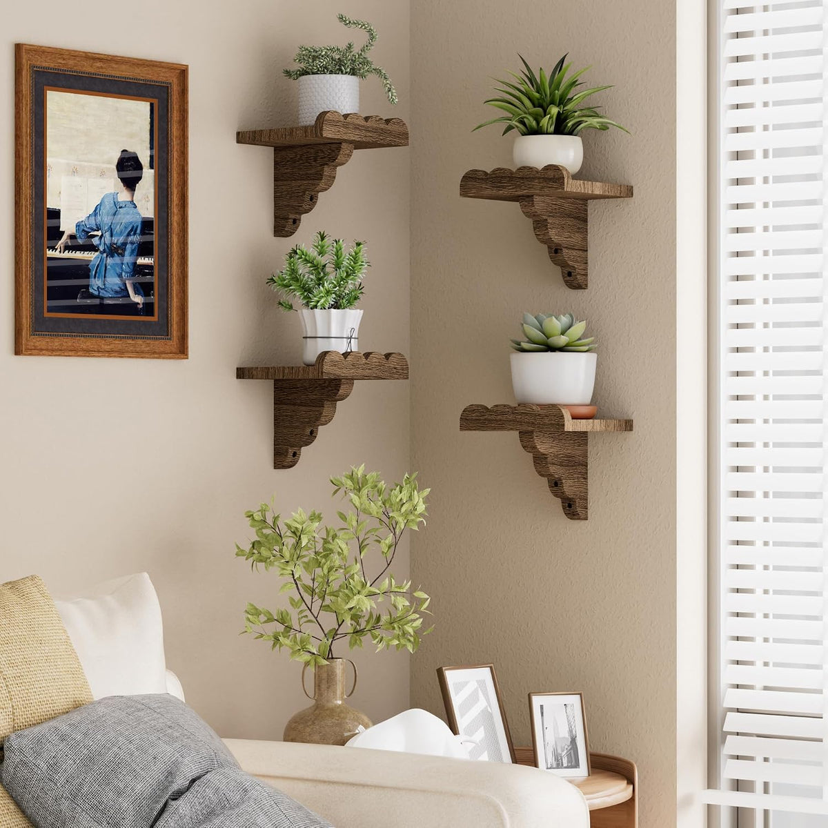 QsQueen Small Scalloped Floating Shelves for Wall, 4 Pack Small Wall Shelf, Solid Paulownia Wood Display Shelves with Matching Brackets for Plants, Bathroom, Bedroom, Living Room & Home Decor