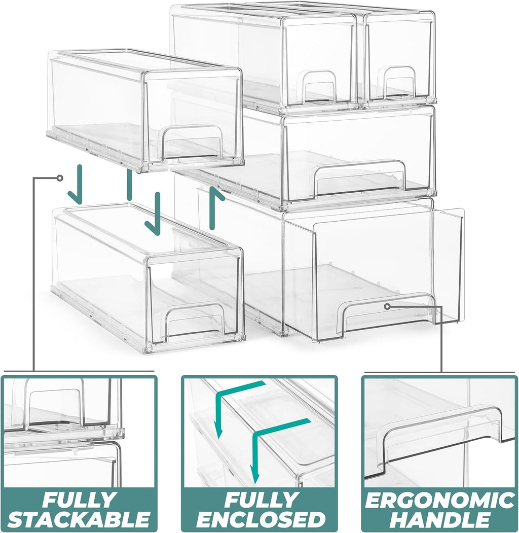 Sorbus Small Clear Stackable Drawers, Plastic Storage with Handles - Craft, Clothes, Medicine, Makeup, Closet, Art Supply, Bathroom, Shoe, Toy Organizer (2 Pack Wide)