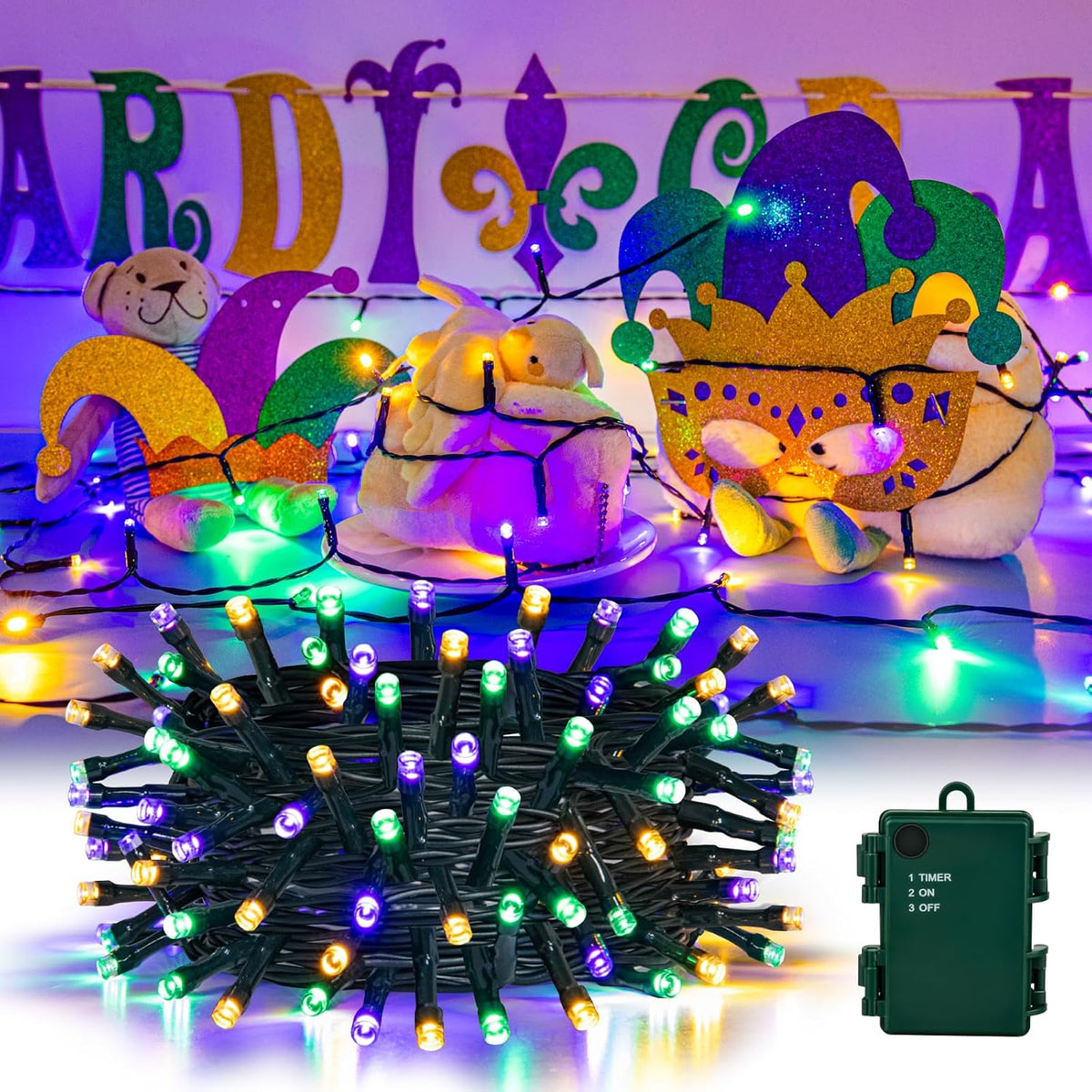 cshare Purple Green and Yellow Lights Battery Operated, Mardi Gras Lights with Timer Waterproof 16.4ft 50 LED Indoor Outdoor Mardi Gras Decorations Garland Party Patio Garden Yard