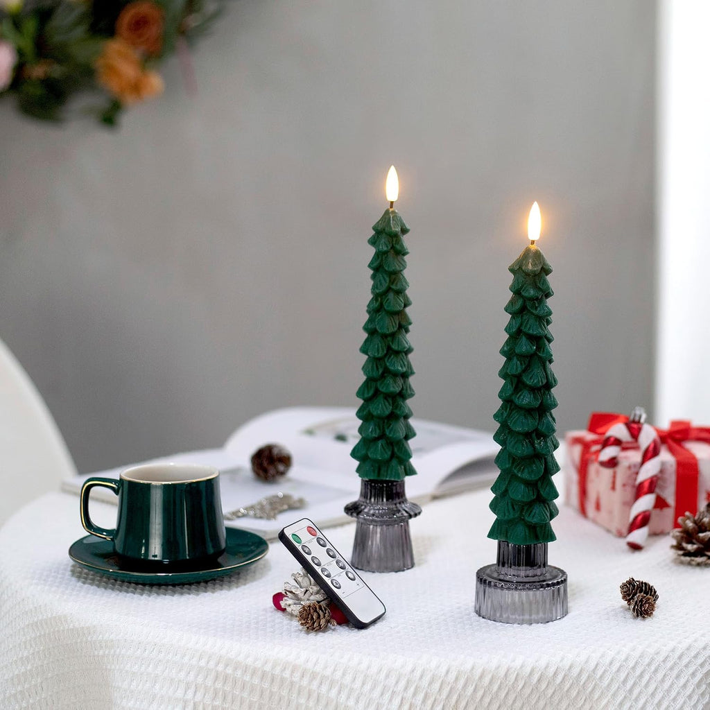 Stmarry 4 PCS Flameless Christmas Tree Candles with Remote Timer, Real Wax Flameless Taper Candles 9.65 Inch, LED Candlesticks with 3D Flickering Flame, Christmas Decor Candles Battery Operated