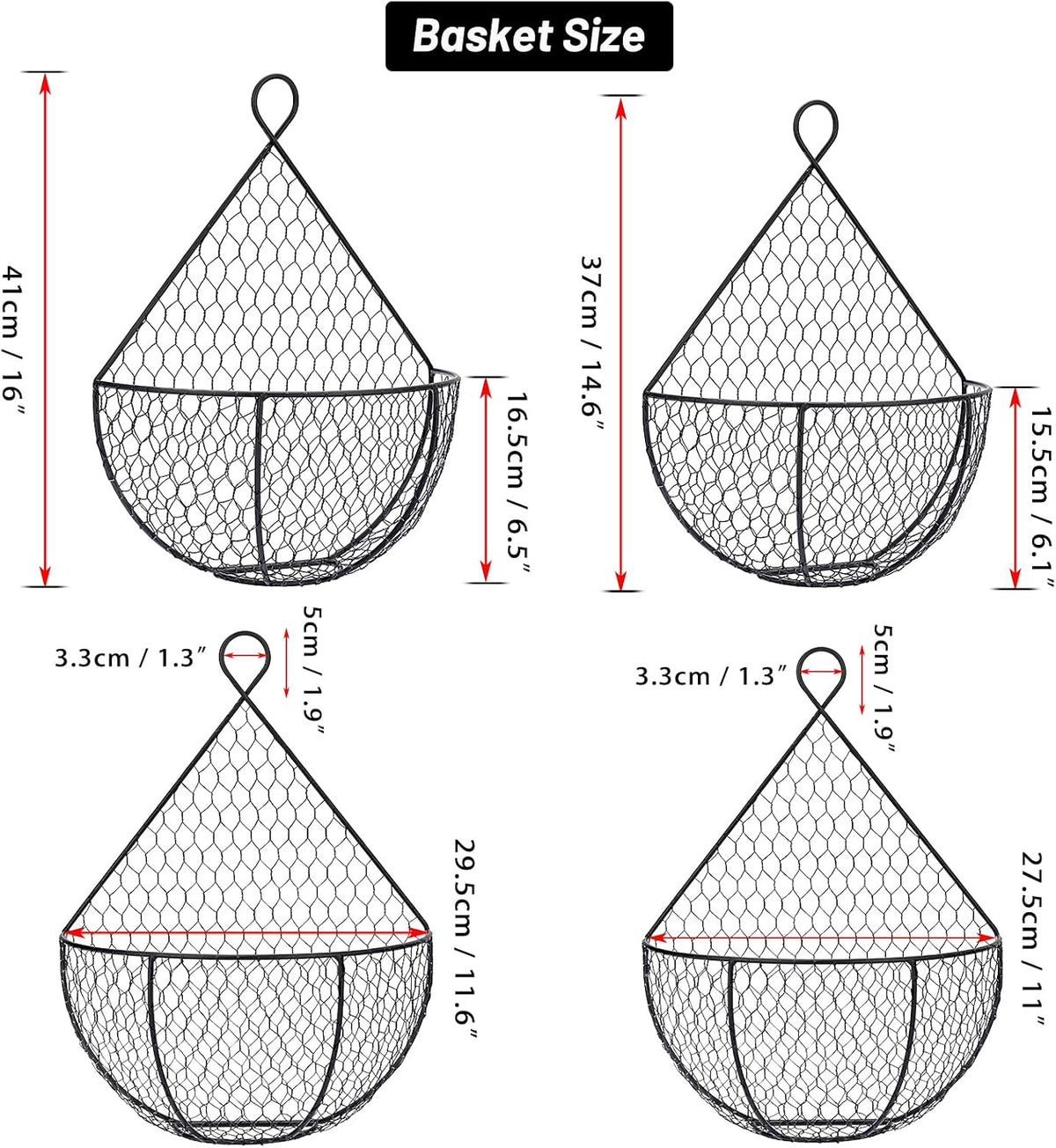 BSTKEY Set of 2 Hanging Black Metal Fruit Vegetable Baskets