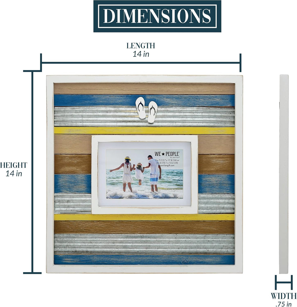 Pavilion Gift Company - Beach-Themed Distressed Wall Picture Frame, Holds 4x6 or 5x7 Photo,14 x 14 inches, Brown, Blue, Yellow, White, 1 Count