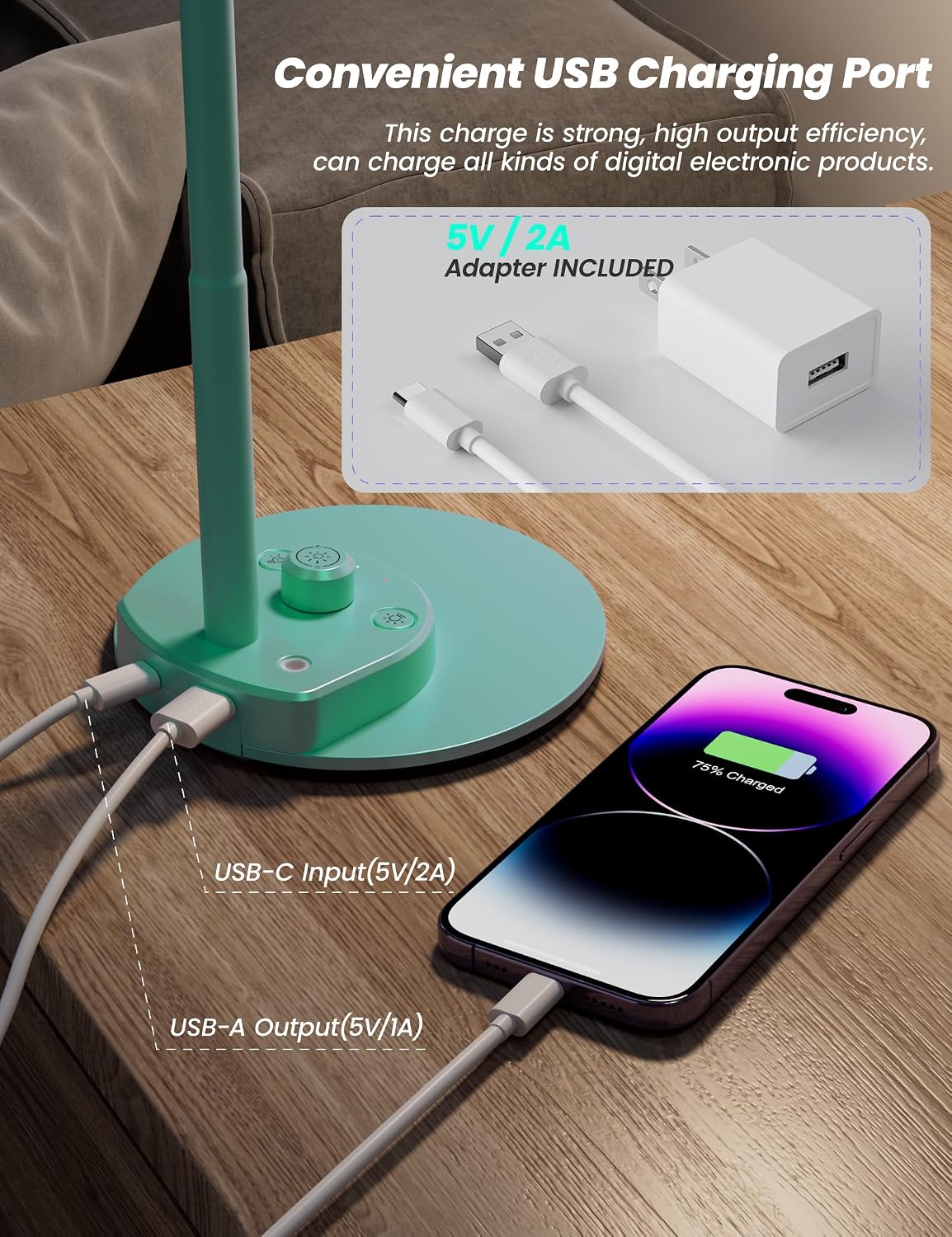BOHON LED Desk Lamp with USB Charging Port, 3 Color Modes Dimmable, Teal
