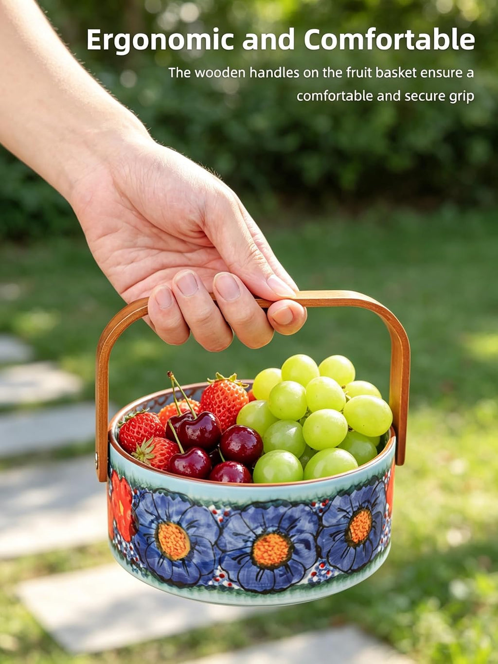 Handmade Fruit Berry Basket, Candy Bowl with Handle, 20 oz (Glazed Blue)