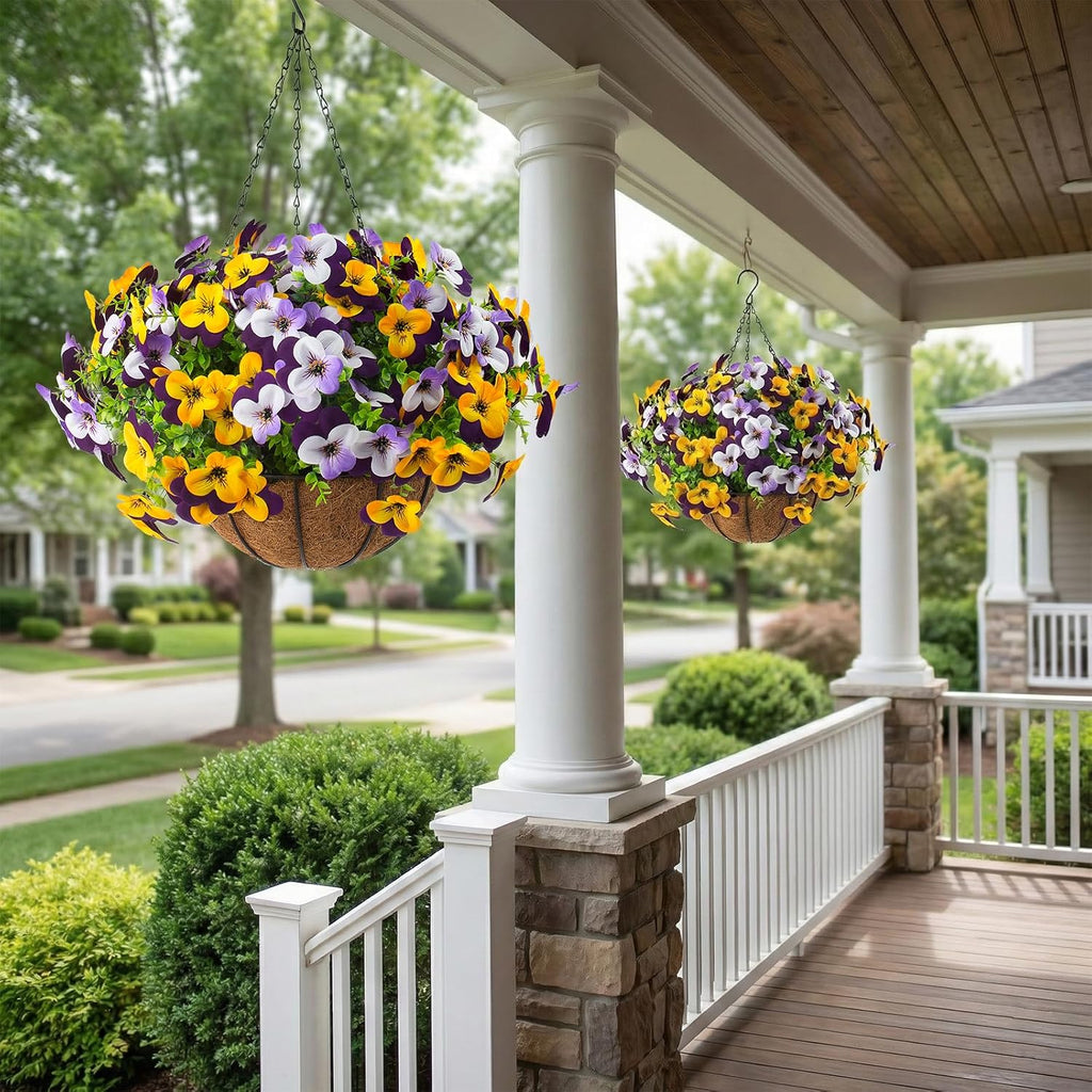 lovemoon 2 Set Artificial Outdoor Pansy Flowers with Hanging Baskets