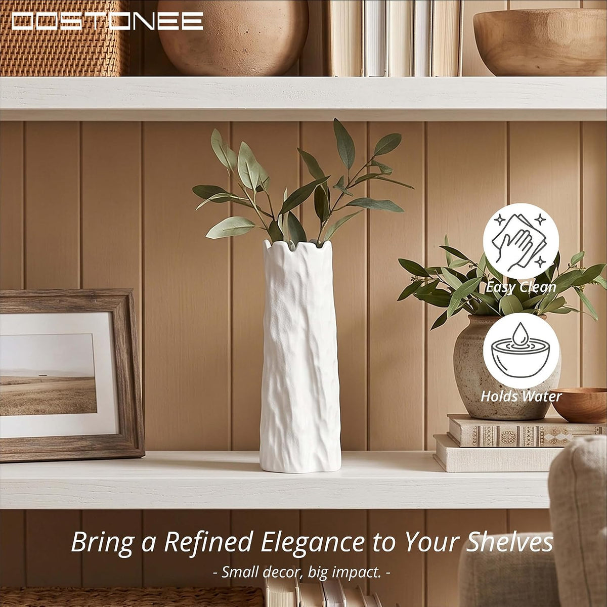 White Unique Vase for Home Decor - Organic Nature Shape for Boho Home Decor, Flower Vase for Modern Farmhouse Living Room, Entryway Table Decor, Bookshelf (10.7 inch