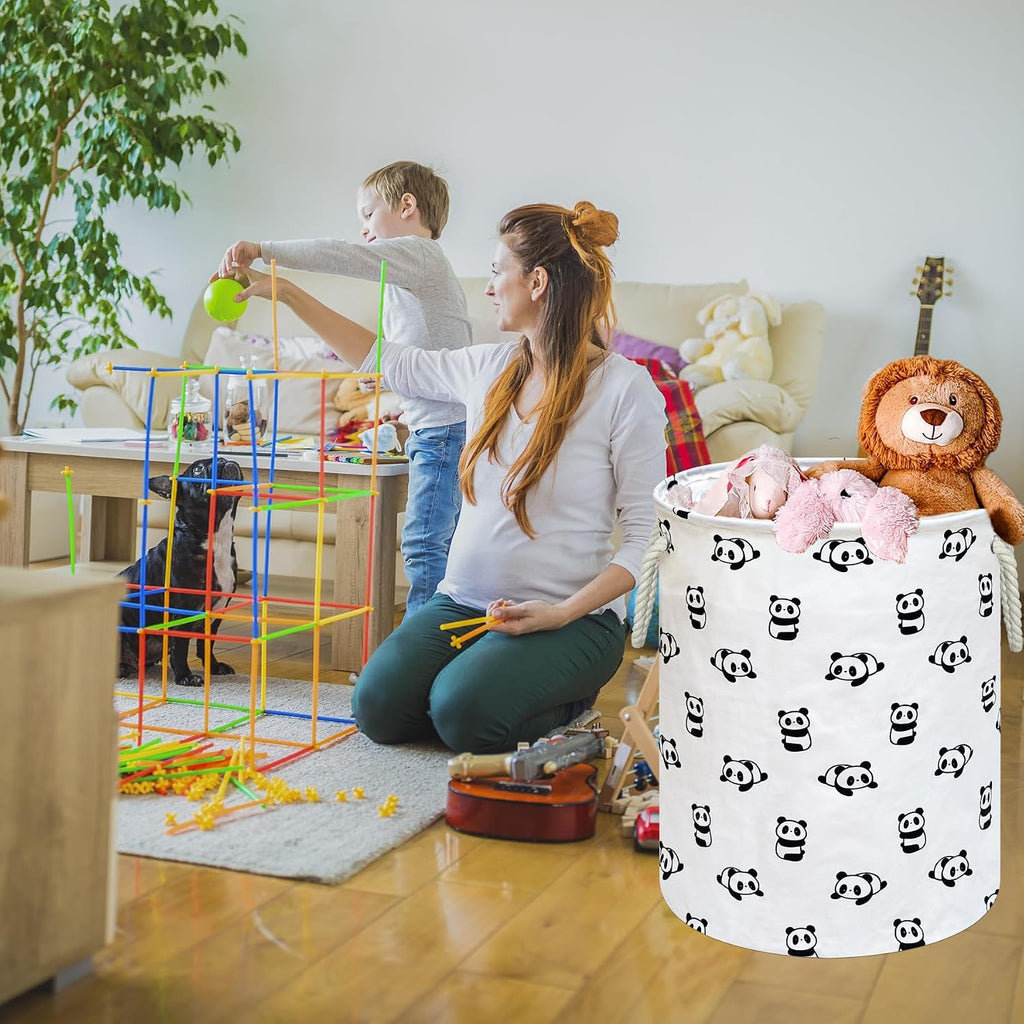 Cute Panda Round Laundry Basket, Foldable Cotton Linen Storage Hamper with Handles, Large Storage Bin for Clothes, Toys, Bedroom, Dorm, Home Decor and Gift Basket