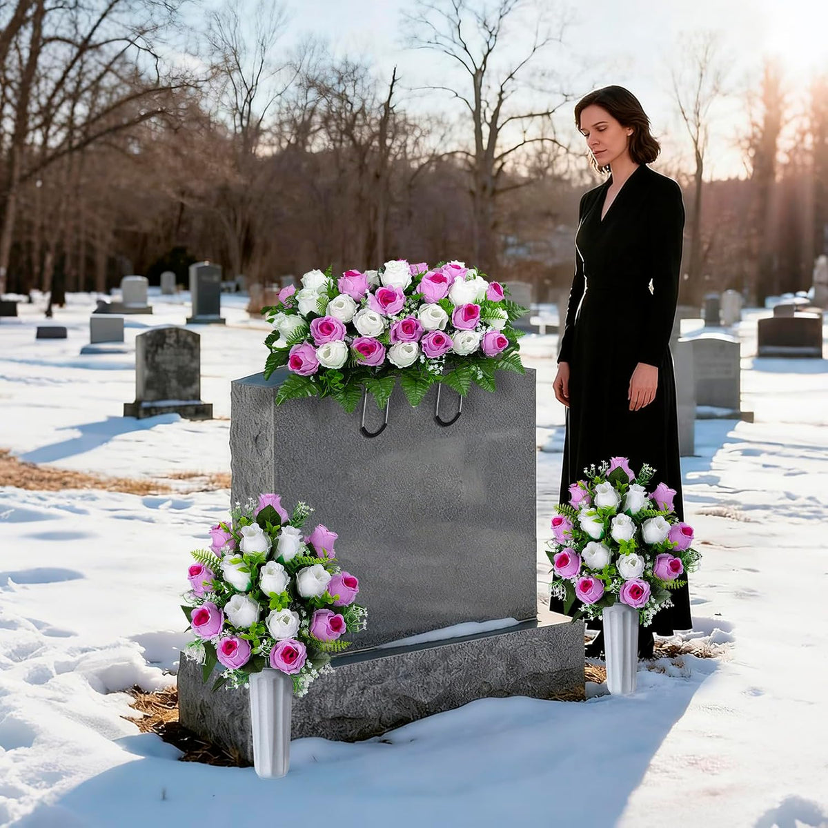 Artificial Cemetery Flowers Saddle Grave Memorial Rose Flowers with Vase for Cemetery Headstones Gravesites Decoration (White&Pink, 1 Saddle & 2Bouquets with Vase)