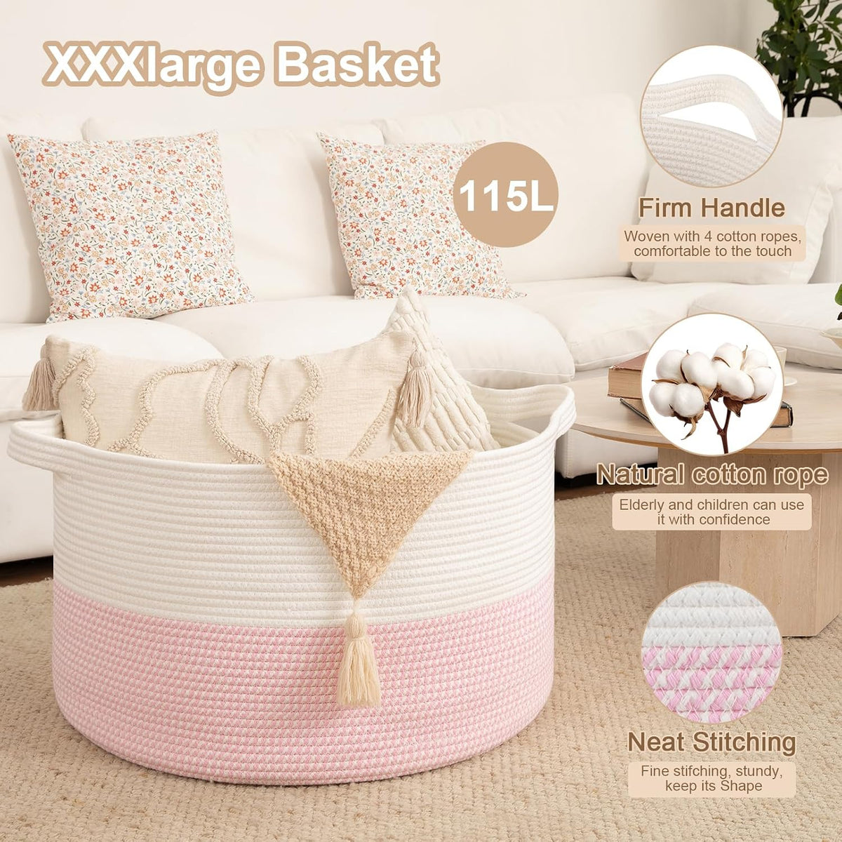 OIAHOMY 115L Extra Large Blanket Basket Living Room Laundry Basket Pink