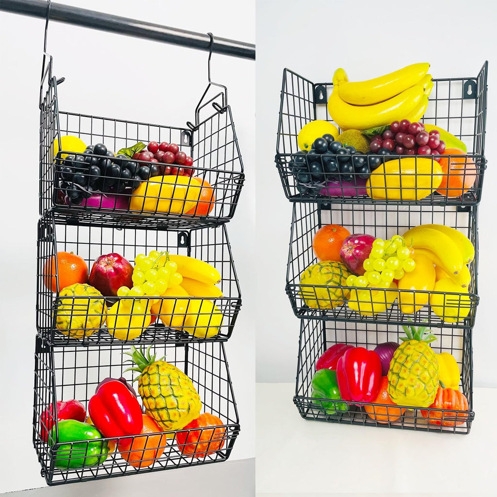 3 Tier Hanging Foldable Wire Baskets Closet Organizer Shelf with Clothes Storage Wall Mount or Countertop Caddy Bin for Clothing Handbags Snacks Drinks Fruits