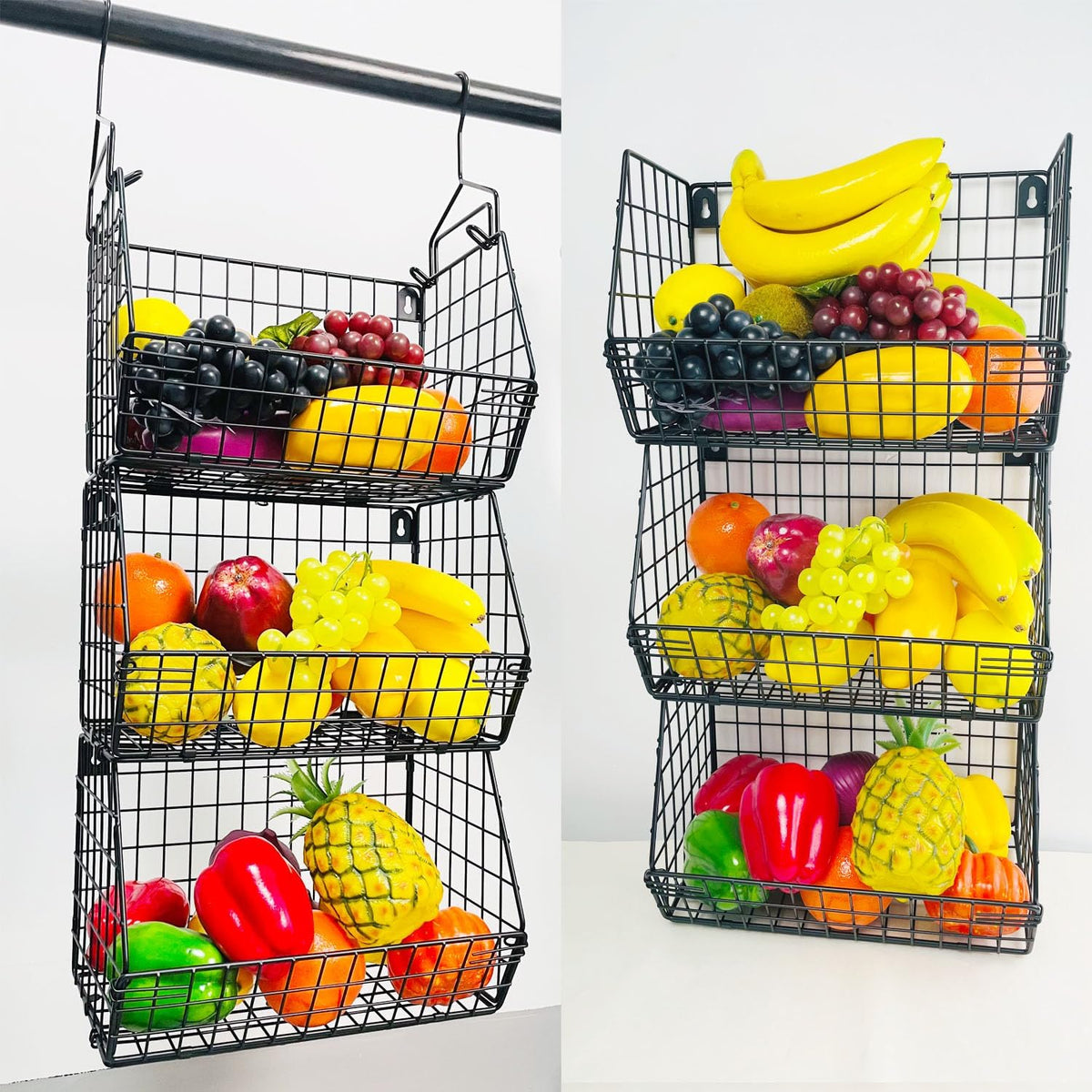 3 Tier Hanging Foldable Wire Baskets Closet Organizer Shelf with Clothes Storage Wall Mount or Countertop Caddy Bin for Clothing Handbags Snacks Drinks Fruits