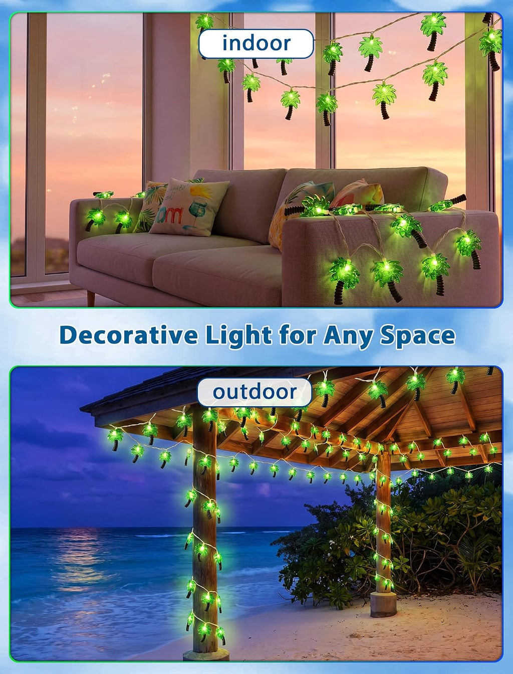 8.5Ft Palm Tree String Lights Outdoor, Waterproof Patio Palm Tree Lights String with 10 Mini Incandescent Lights, Summer Beach Theme String Lights for Indoor Bedroom Christmas Party Decor, White Wire