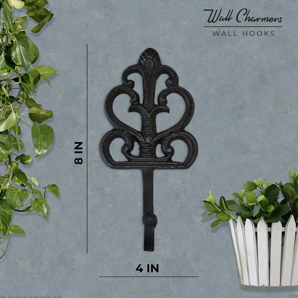 Wallcharmers Fleur De Lis Decorative Wall Hooks, 8in, Rustic Cast Iron