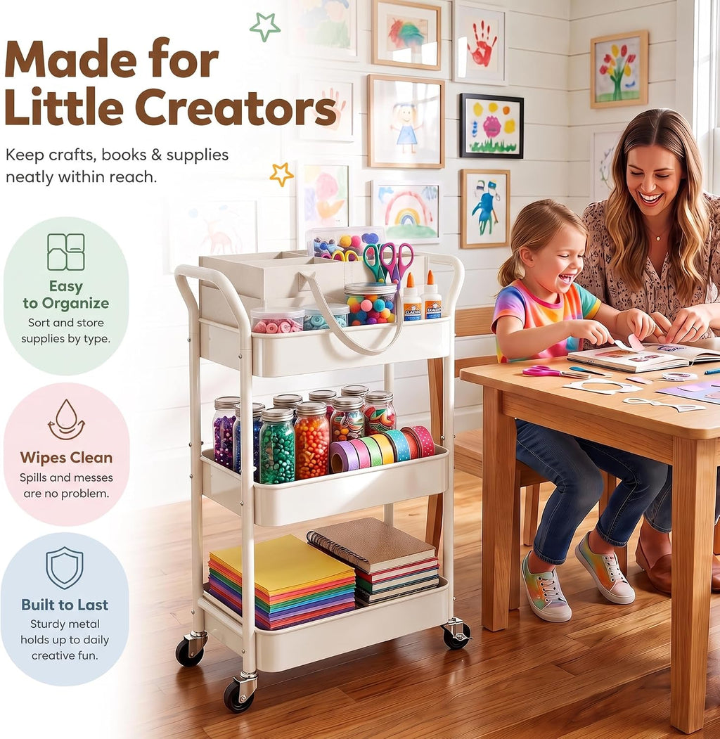 White 3 Tier Rolling Diaper Caddy Cart with Wheels,3in1 Detachable Dividers