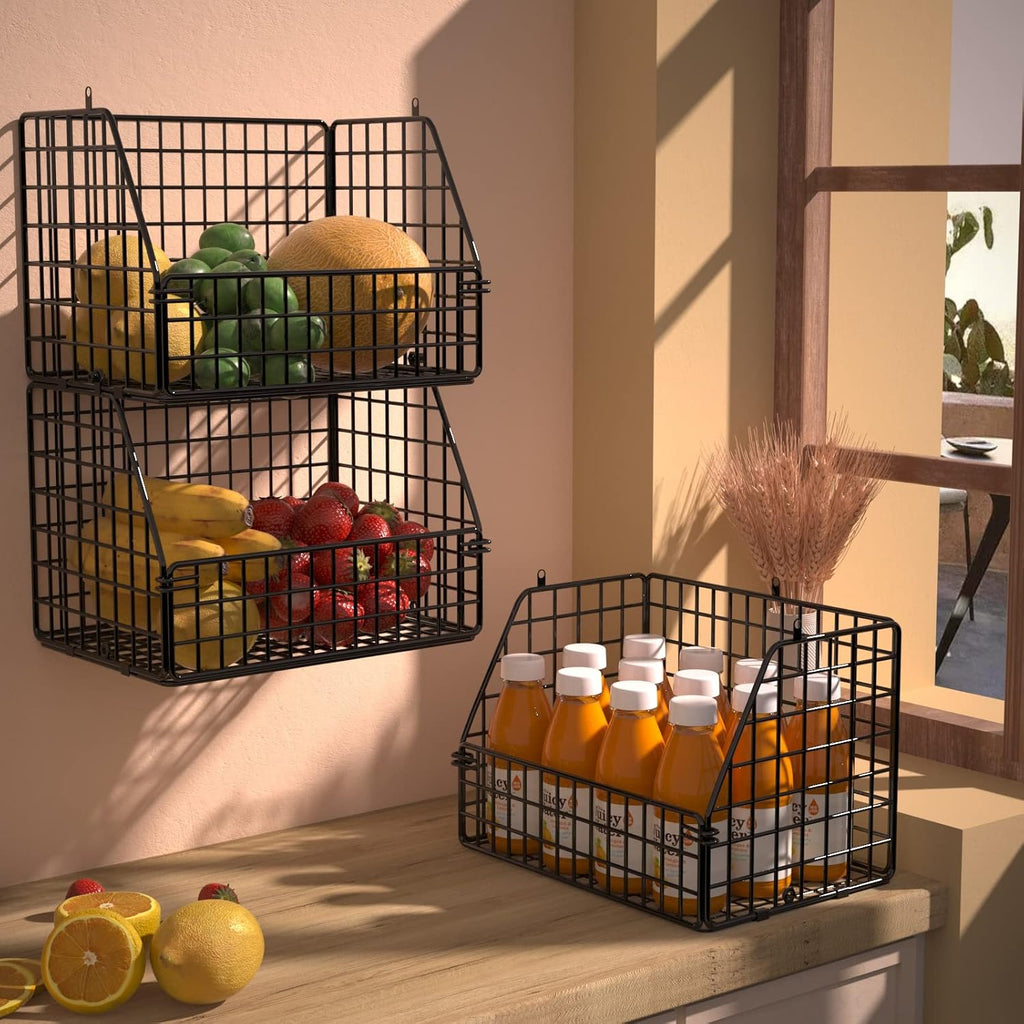 PUPPYCUTE Larger & Deeper Hanging Storage Basket, Closet Organizers and Storage, Hanging Shelves Wire Baskets for Clothing Sweaters Purse Handbags Shoes Black 3 Tier