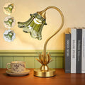 PARTPHONER Cordless Flower Table Lamp with Glass Lampshade, 5200mAh Rechargeable Battery, 3-Color Dimmable Touch Control, Portable Desk Lamp for Nightstand, Patio, Camping, Restaurant & Home, Green