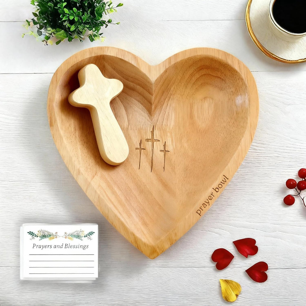 Wooden Prayer Bowl with 24 Cards & Pine Cross, Heart Shaped Christian Premium Solid Heart Container Love Bowl for Home Decor Religious Christmas Men Women Gifts (300g)