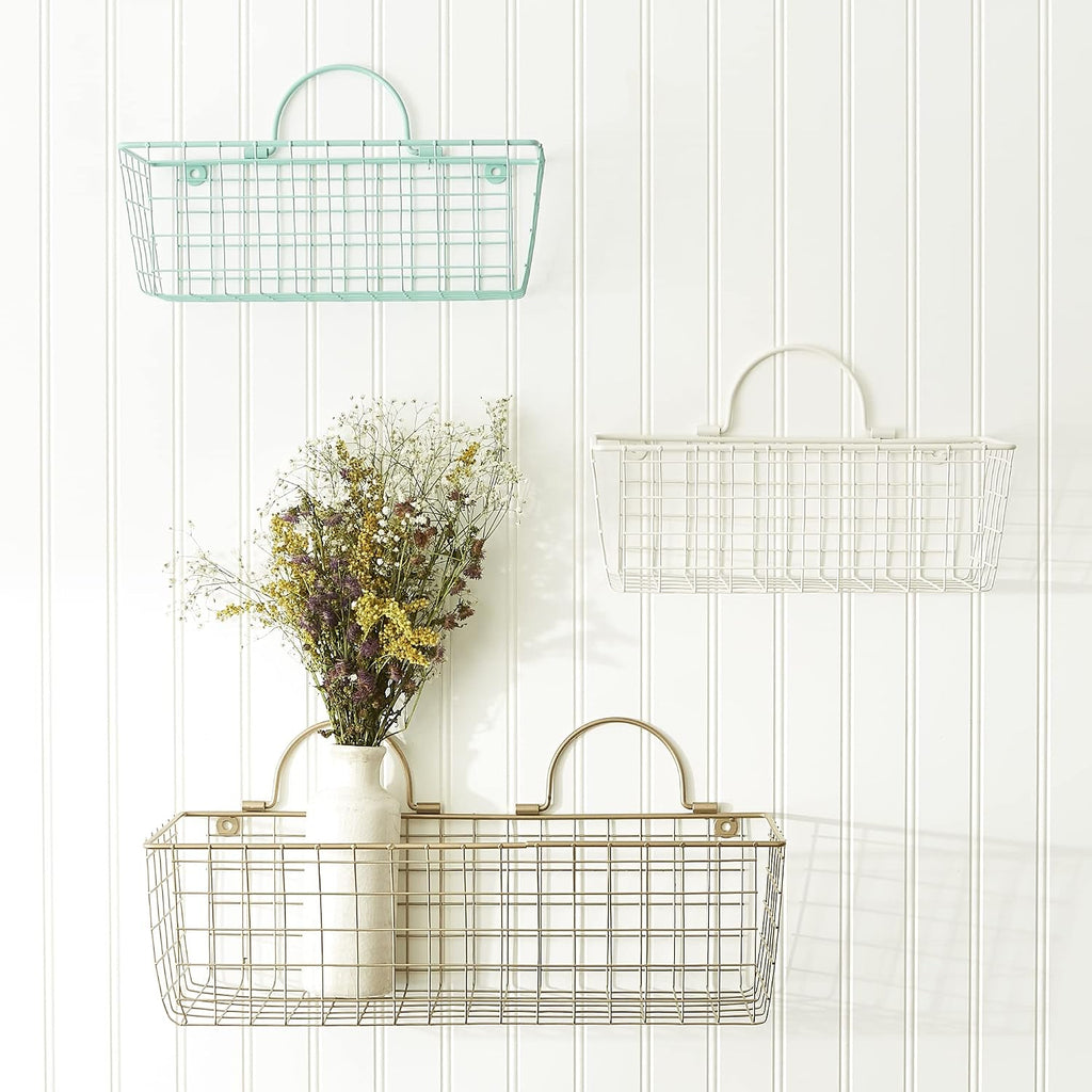 DII Farmhouse Vintage Decor, Wire Wall Basket, Assorted, Aqua, 2 Piece