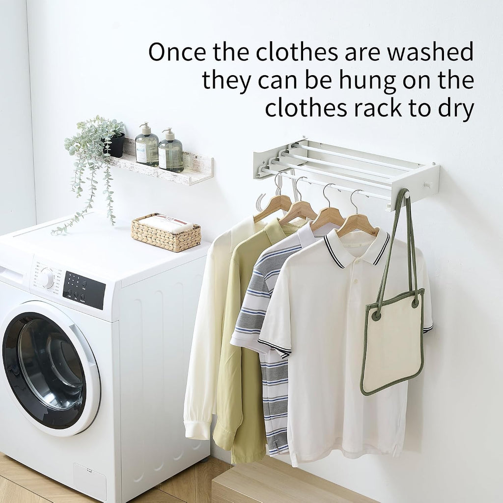 RFOUO Wall Mounted Clothes Drying Rack,White 19.7" with Hooks