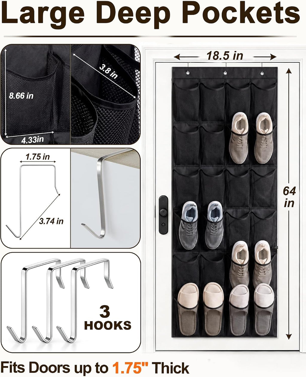 Over The Door Shoe Organizer with 24 Large Breathable Mesh Pockets