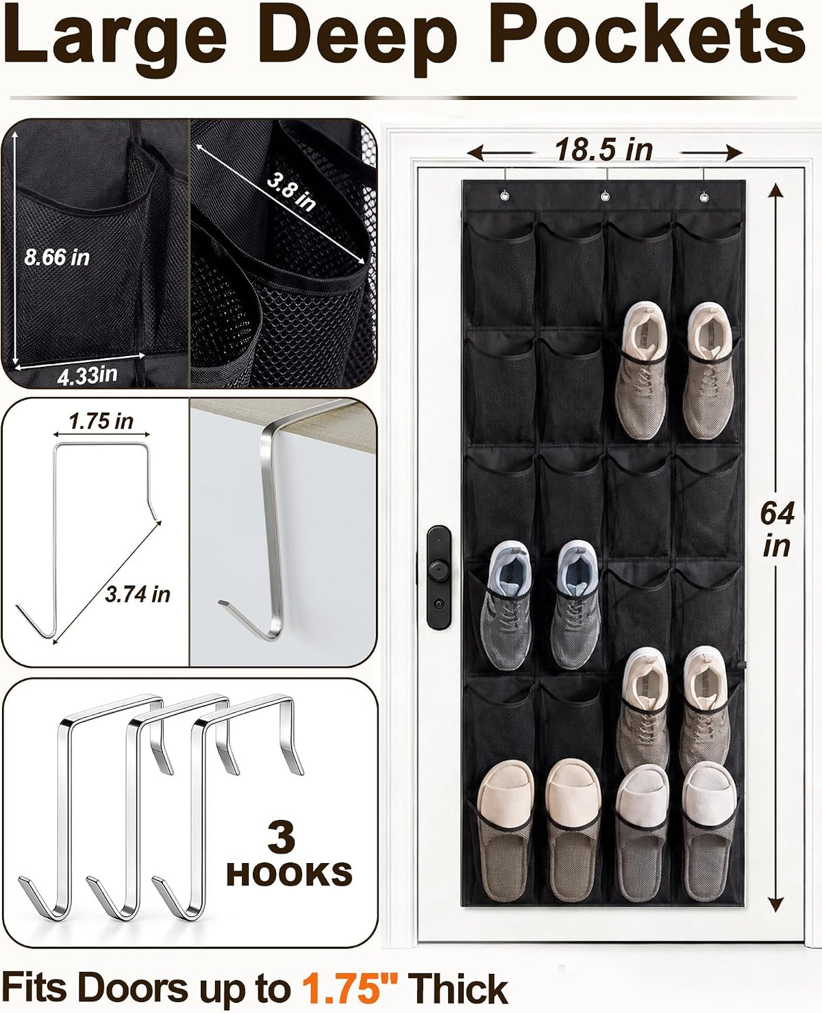 Over The Door Shoe Organizer with 24 Large Breathable Mesh Pockets