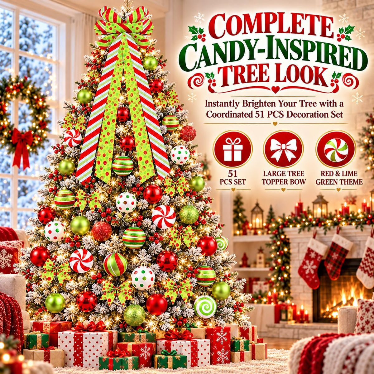Christmas Tree Decorations Set,Christmas Ball Ornaments Glittering Plastic Hanging Decorations Elf Balls,Large Tree Topper Wreath Bow,Candy Peppermint Wood Ornaments (Red and Lime Green)