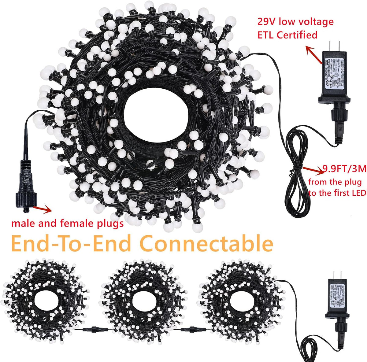 Meteds LED Christmas Lights Outdoor,300LED 105Ft 8 Modes Plug-in Connectable Waterproof Globe String Lights for Outdoor & Indoor Decorations (Multi-Colored)