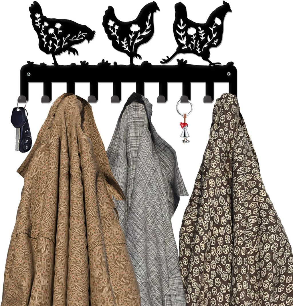 INFUNLY Key Holder for Wall Black Metal Key Hooks with 10 Hooks Floral Chicken Key Hook Rack Wall Mounted Key Organizer Hanger for Towel Bathroom Entryway Front Door Hallway Office, 5x10