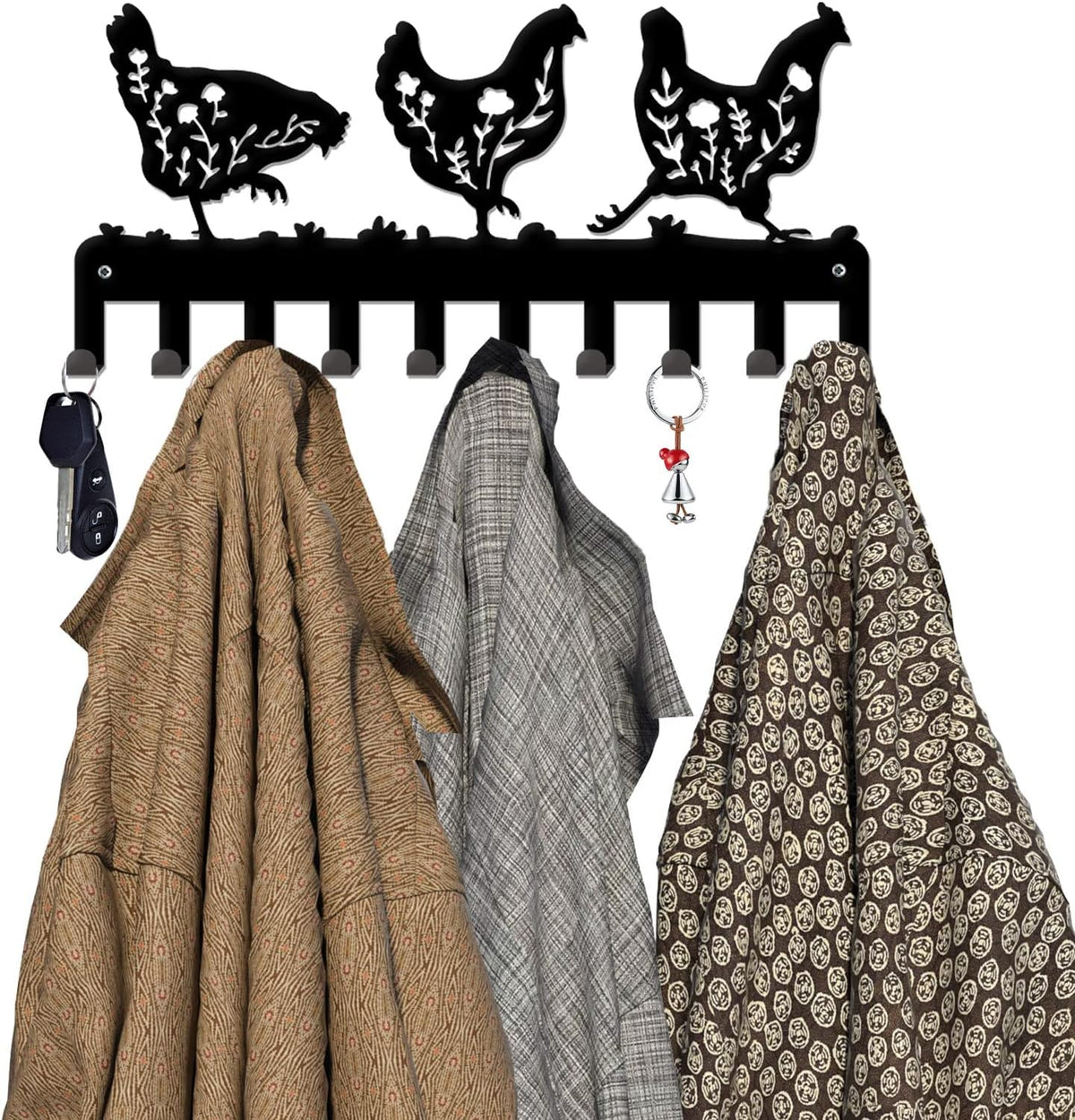 INFUNLY Key Holder for Wall Black Metal Key Hooks with 10 Hooks Floral Chicken Key Hook Rack Wall Mounted Key Organizer Hanger for Towel Bathroom Entryway Front Door Hallway Office, 5x10