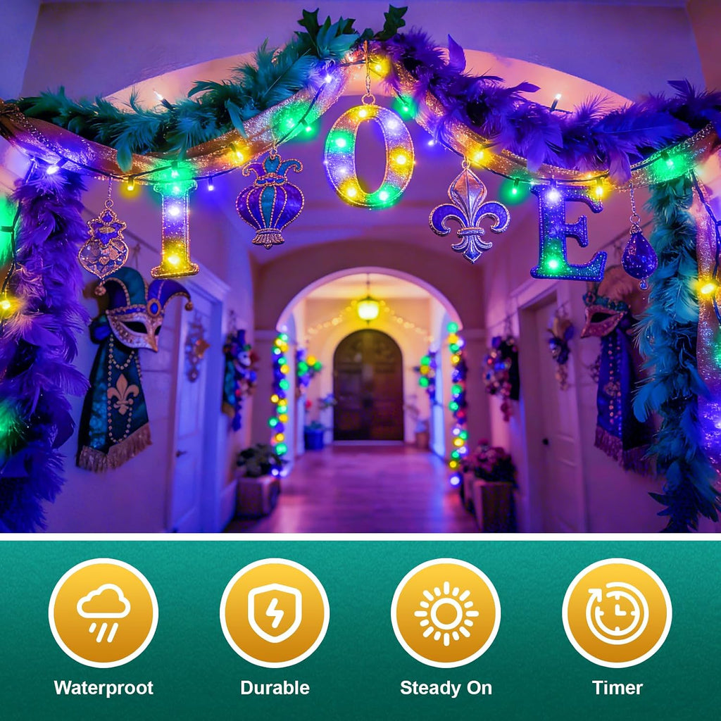cshare Purple Green and Yellow Lights Battery Operated, Mardi Gras Lights with Timer Waterproof 16.4ft 50 LED Indoor Outdoor Mardi Gras Decorations Garland Party Patio Garden Yard