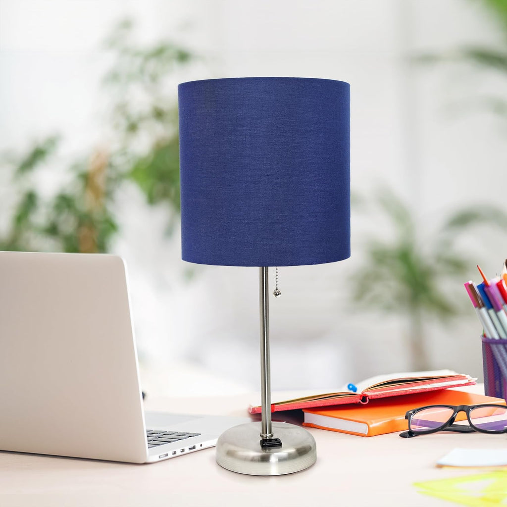 Simple Designs LT1144-NAV Sleek and Slender Brushed Steel Table Lamp with Charging Outlet, for Bedroom, Living Room, Entryway, Office, Dining Room, Study, Navy Blue Shade