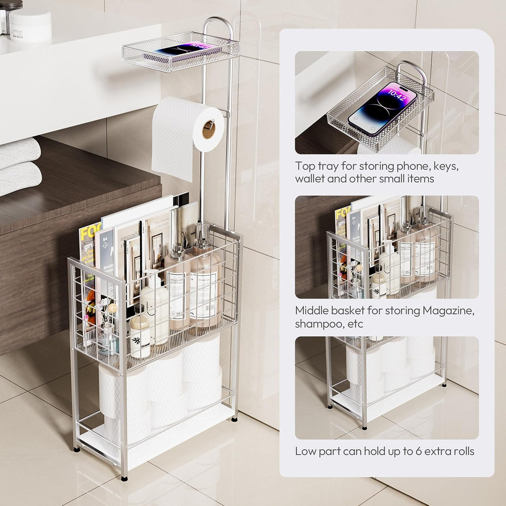 SWTYMIKI Freestanding Toilet Paper Holder - 4-Tier Free Standing Toilet Paper Holder Stand with Large Basket, Stand Mega Roll Storage Rack for Extra Rolls, Magazines, Wet Wipes, Silver